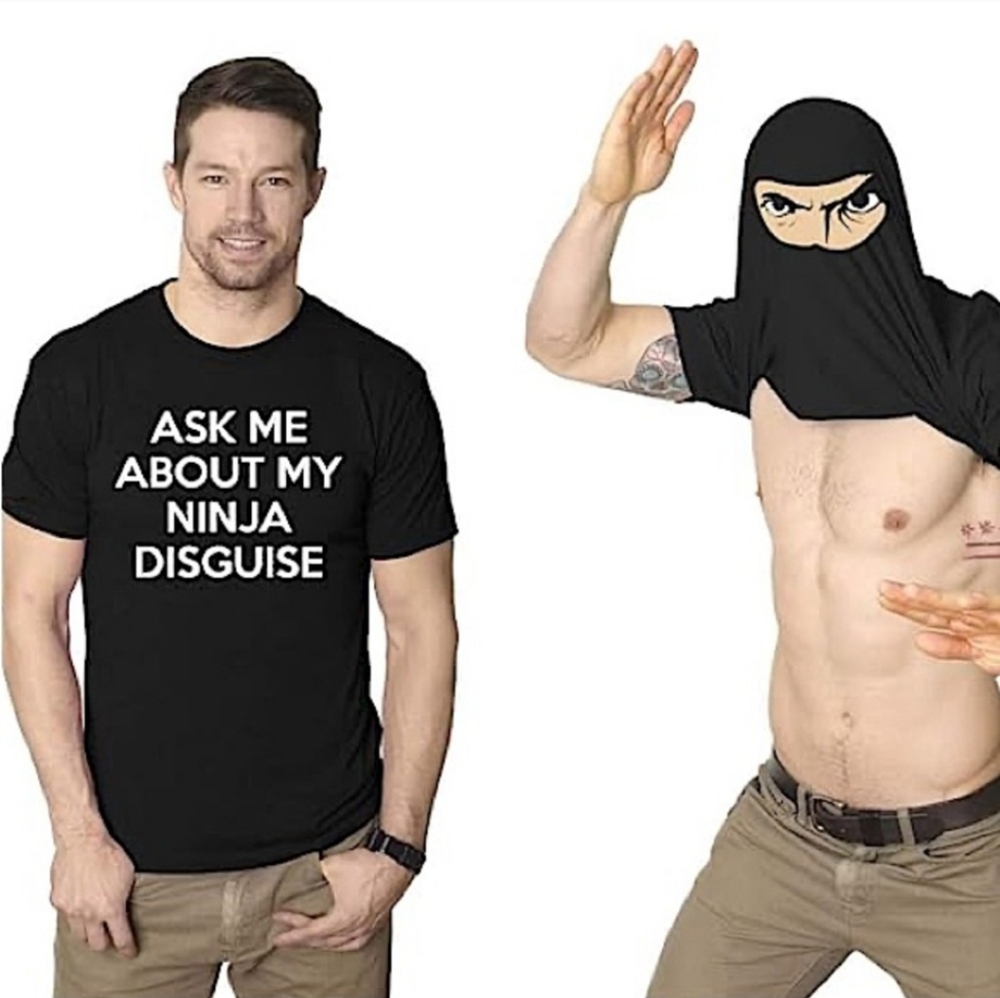 ALSTYLE Black Crew Neck Funny Flip Up Shirt Ninja Disguise